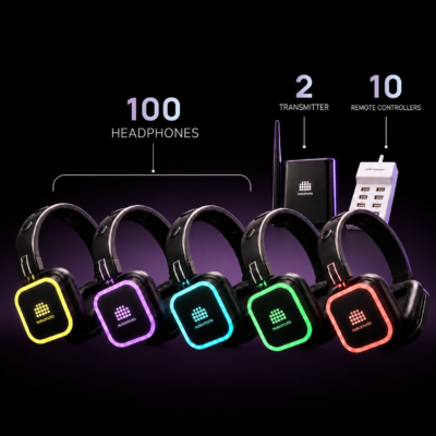 100 Headphones + 2 Transmitters Pack | Nokomoto 300M Squaretune Silent Disco Headphone Receivers | Long-Range RF/UHF Event Audio System with 2–3 Channels
