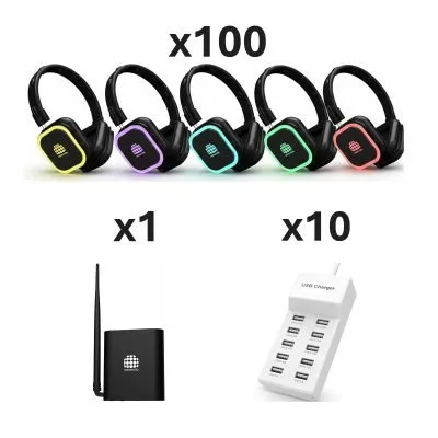 100 Headphones + 1 Transmitters Pack | Nokomoto 300M Squaretune Silent Disco Headphone Receivers | Long-Range RF/UHF Event Audio System with 2–3 Channels