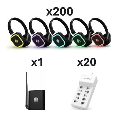 200 Headphones + 1 Transmitters Pack | Nokomoto 300M Squaretune Silent Disco Headphone Receivers | Long-Range RF/UHF Event Audio System with 2–3 Channels