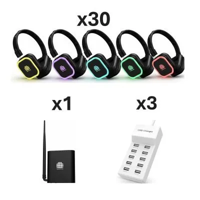 30 Headphones + 1 Transmitters Pack | Nokomoto 300M Squaretune Silent Disco Headphone Receivers | Long-Range RF/UHF Event Audio System with 2–3 Channels
