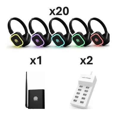 20 Headphones + 1 Transmitters Pack | Nokomoto 300M Squaretune Silent Disco Headphone Receivers | Long-Range RF/UHF Event Audio System with 2–3 Channels