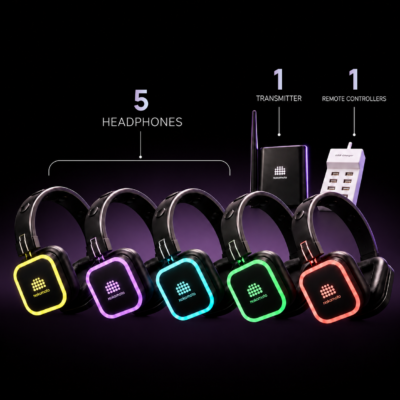 5 Headphones + 1 Transmitters Pack | Nokomoto 300M Squaretune Silent Disco Headphone Receivers | Long-Range RF/UHF Event Audio System with 2–3 Channels