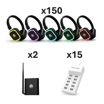 150 Headphones + 2 Transmitters Pack | Nokomoto 300M Squaretune Silent Disco Headphone Receivers | Long-Range RF/UHF Event Audio System with 2–3 Channels