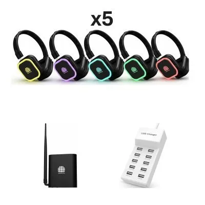 5 Headphones + 1 Transmitters Pack | Nokomoto 300M Squaretune Silent Disco Headphone Receivers | Long-Range RF/UHF Event Audio System with 2–3 Channels
